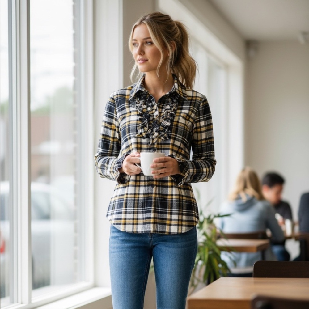 CAbi Women's Plaid Button Down Shirt with Ruffles